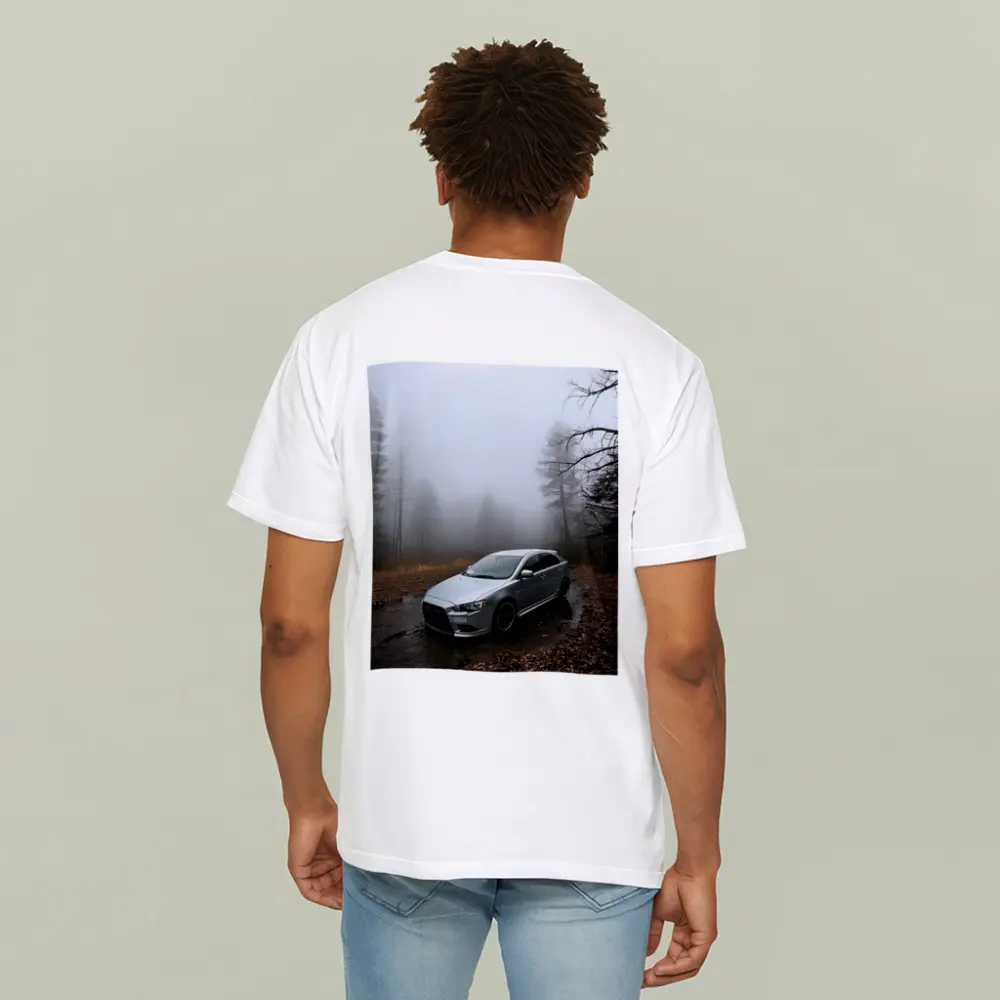Mitsubishi Lancer Silver Car Foggy Forest – T-Shirts