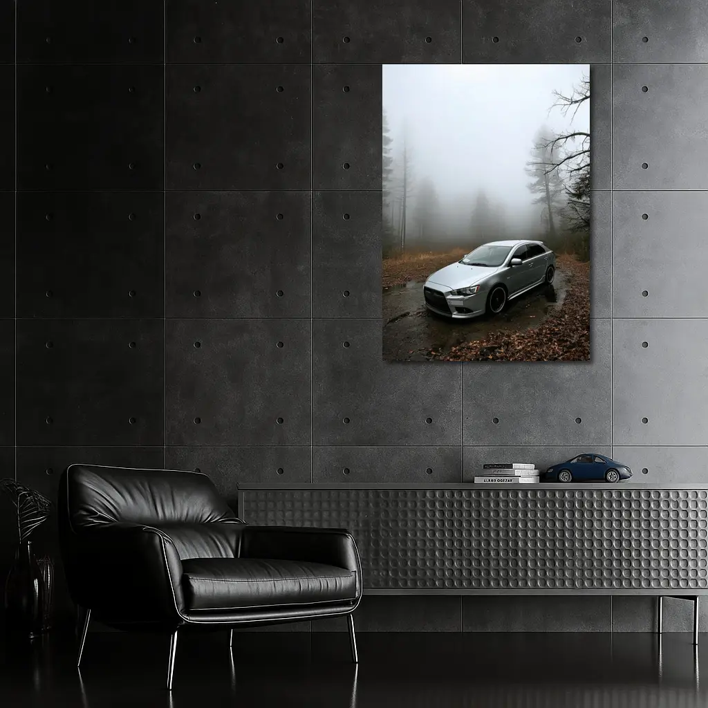 Mitsubishi Lancer Silver Car Foggy Forest – Wall Art
