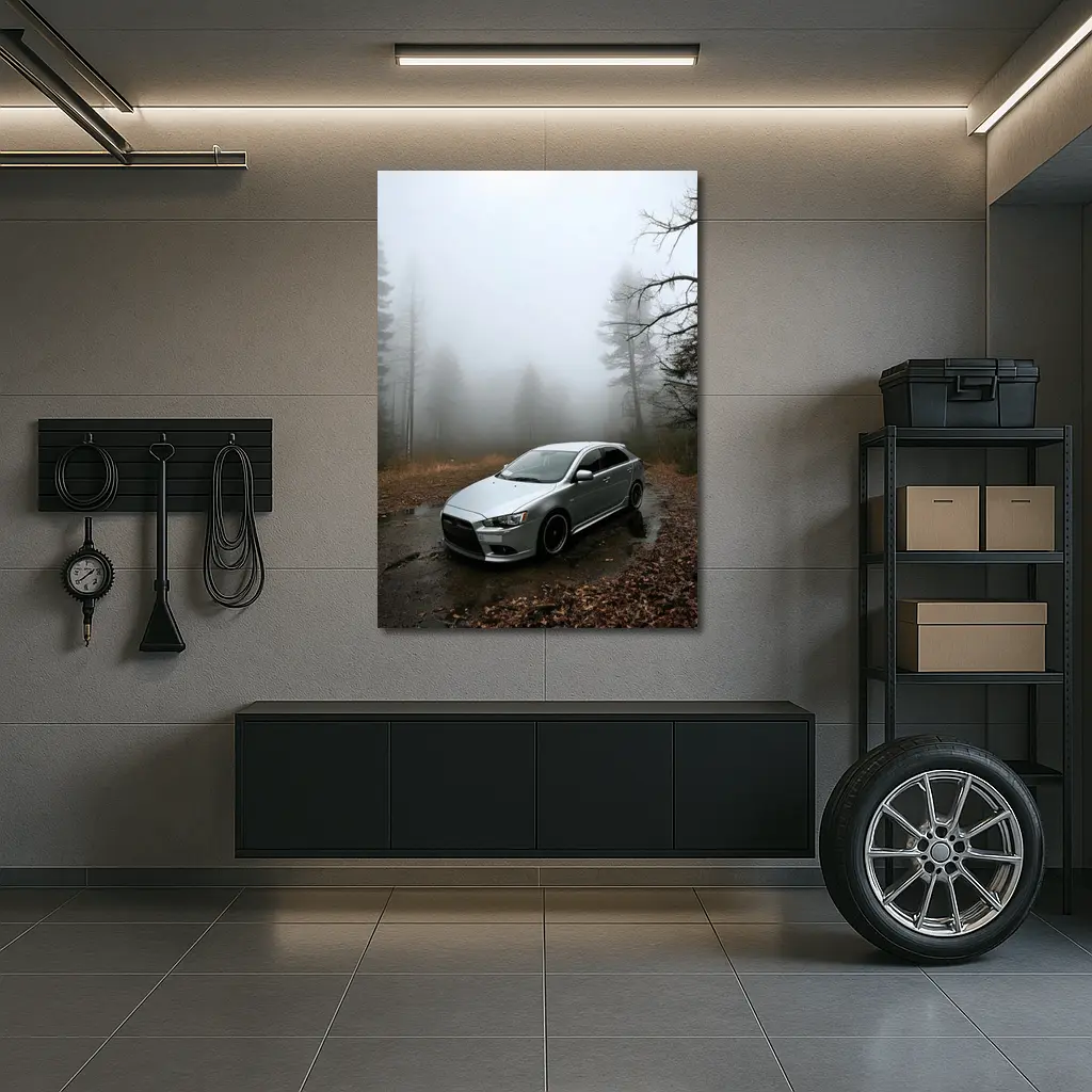 Mitsubishi Lancer Silver Car Foggy Forest – Wall Art