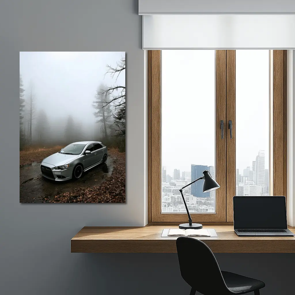 Mitsubishi Lancer Silver Car Foggy Forest – Wall Art