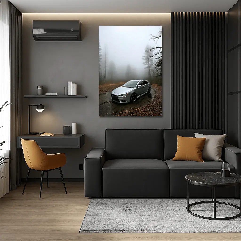 Mitsubishi Lancer Silver Car Foggy Forest – Wall Art
