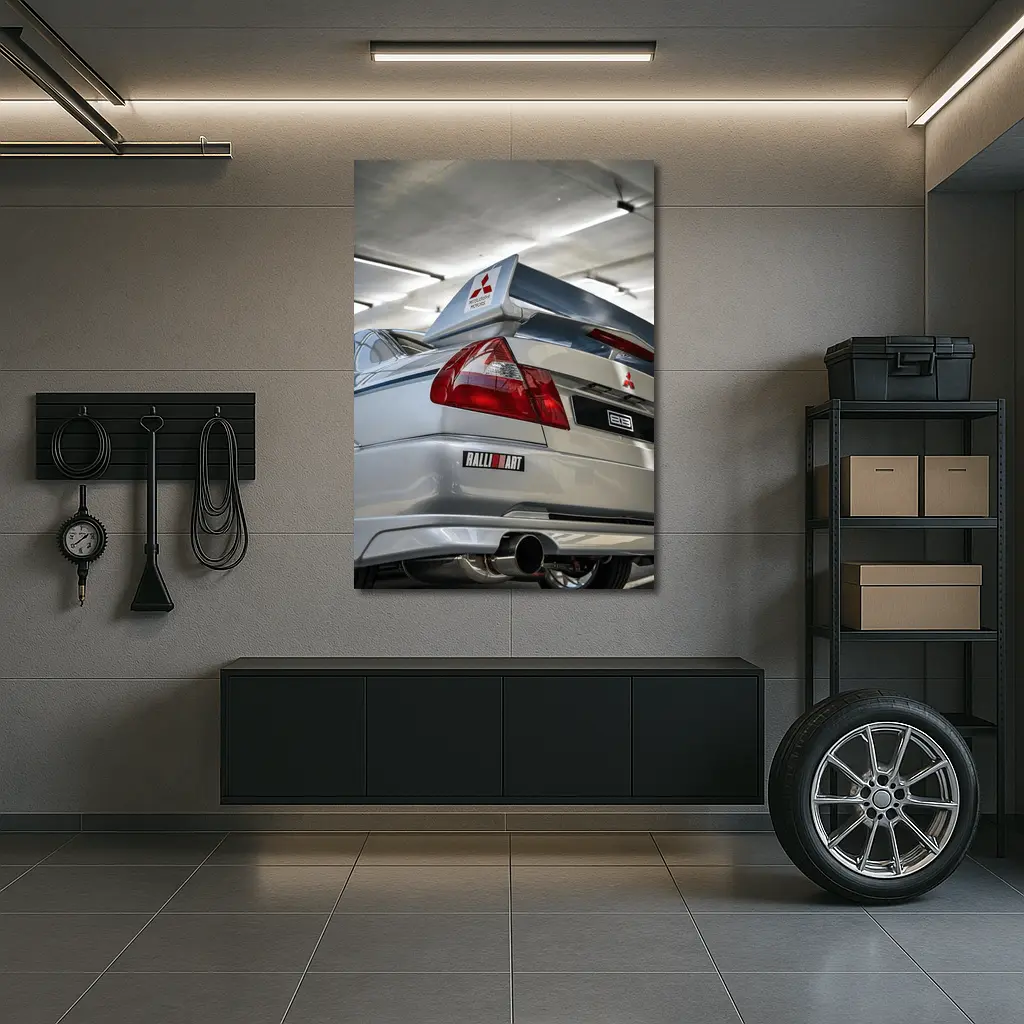 Mitsubishi Lancer Evolution Silver Garage Rear – Wall Art