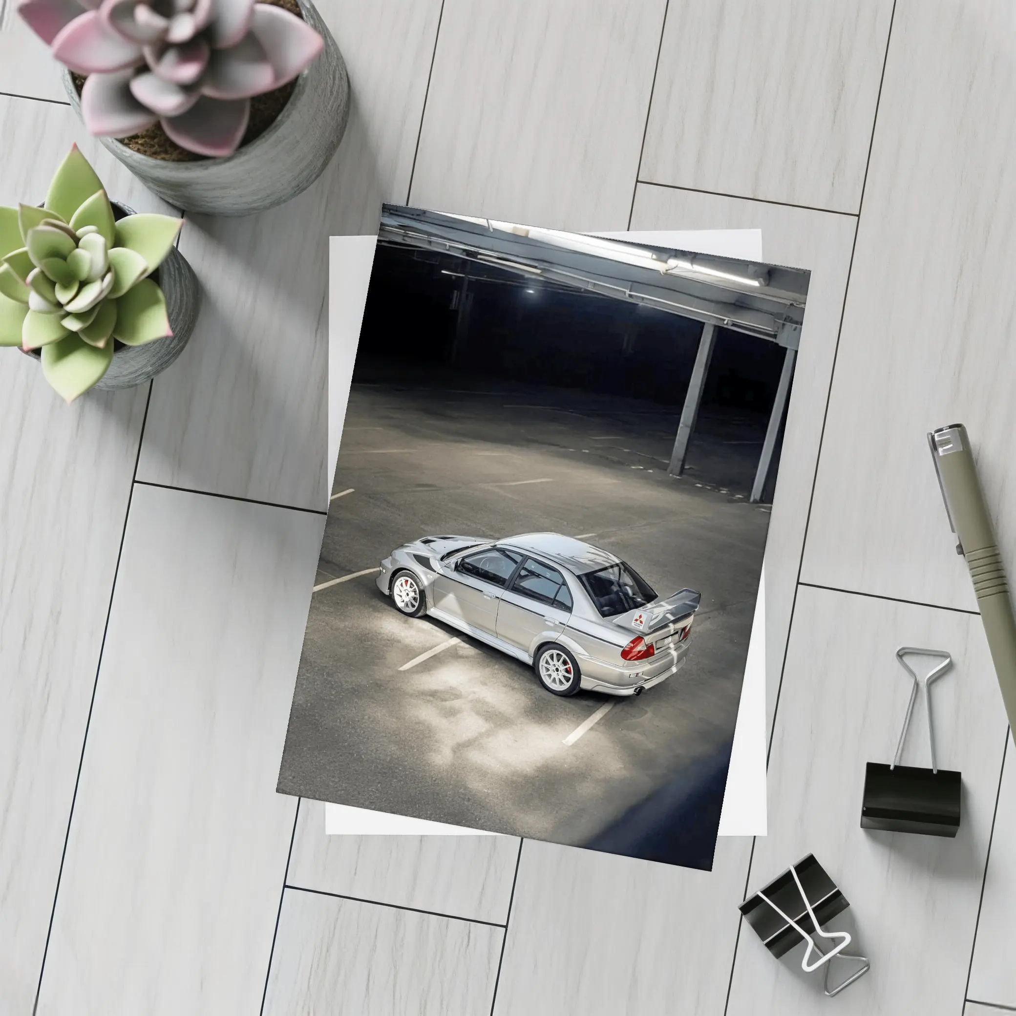 Mitsubishi Lancer Evolution Silver Parking Garage – Postcards