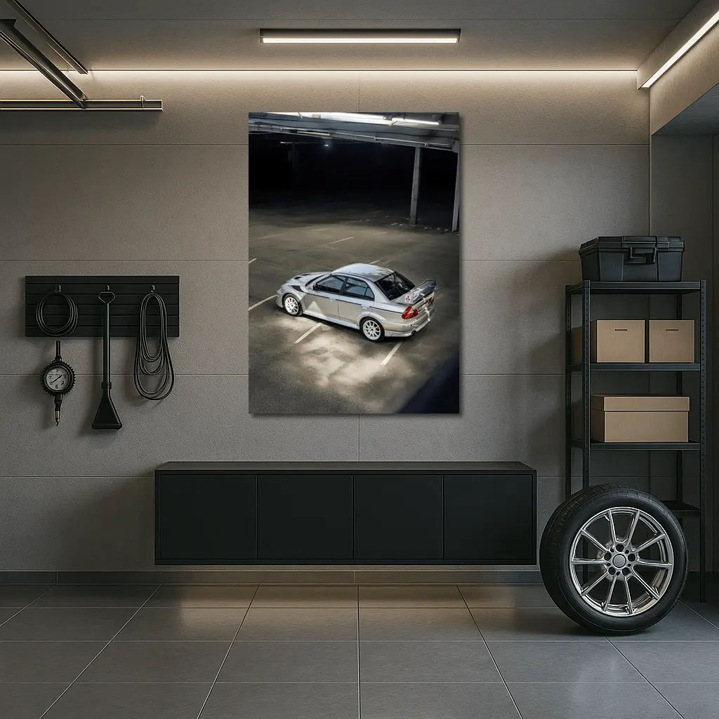 Mitsubishi Lancer Evolution Silver Parking Garage – Wall Art