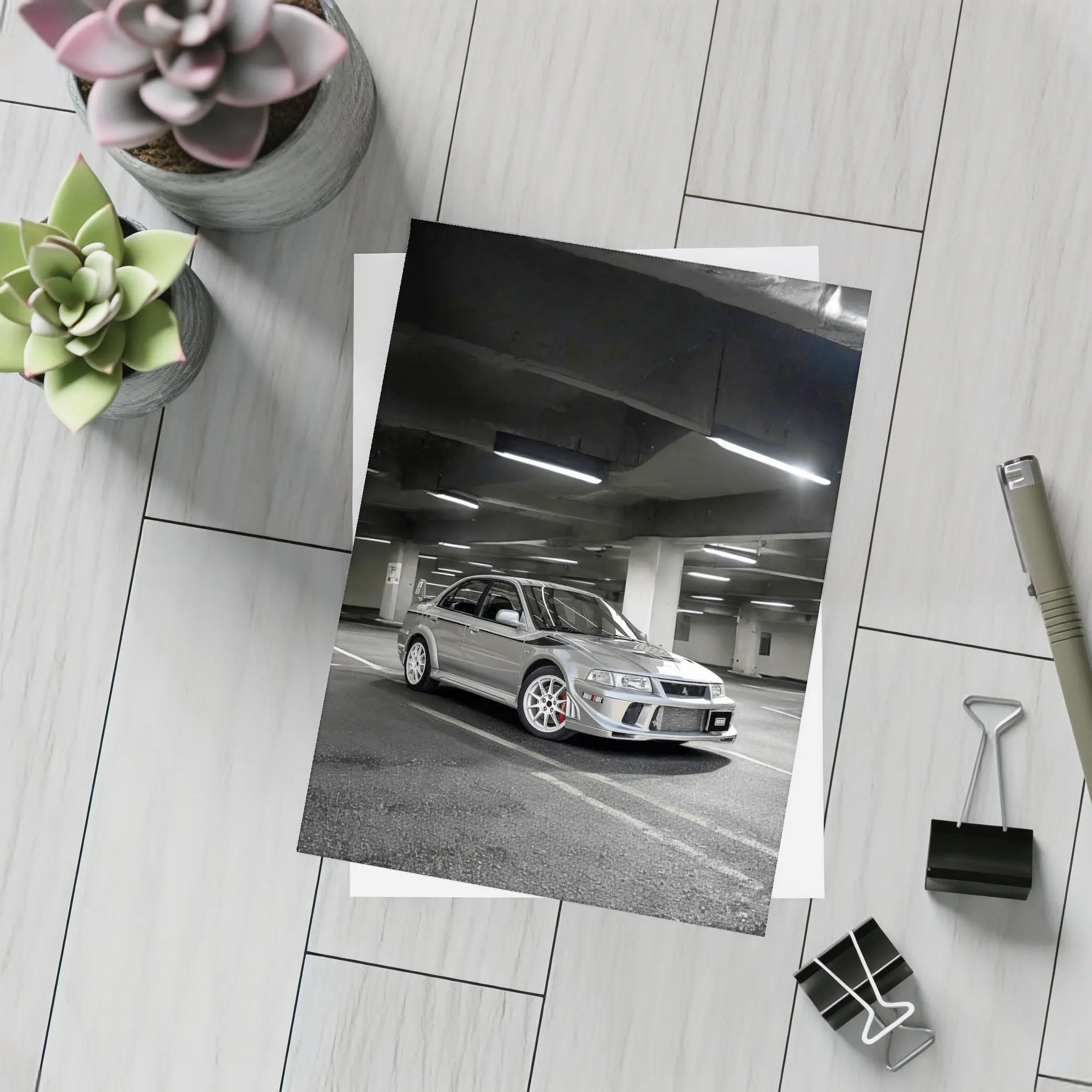 Mitsubishi Lancer Evolution Silver Parking Garage – Postcards