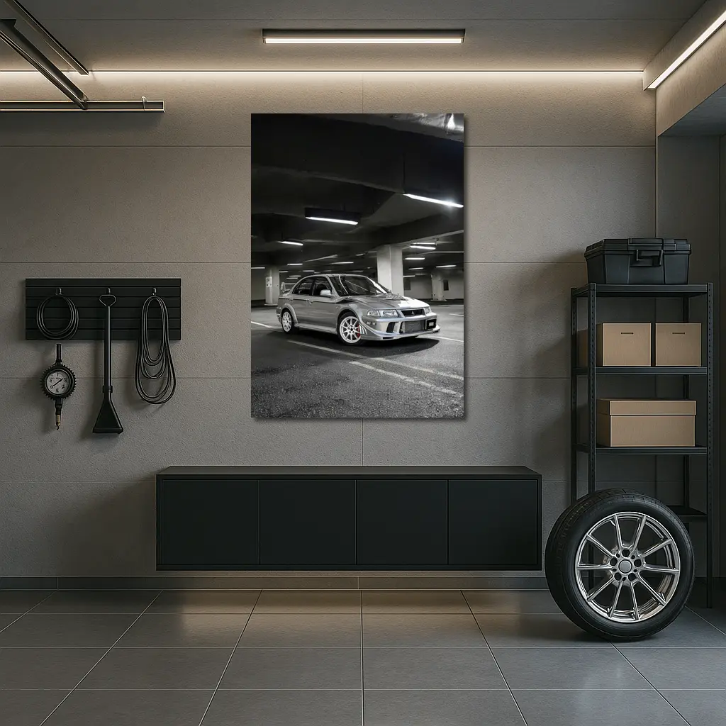 Mitsubishi Lancer Evolution Silver Parking Garage – Wall Art