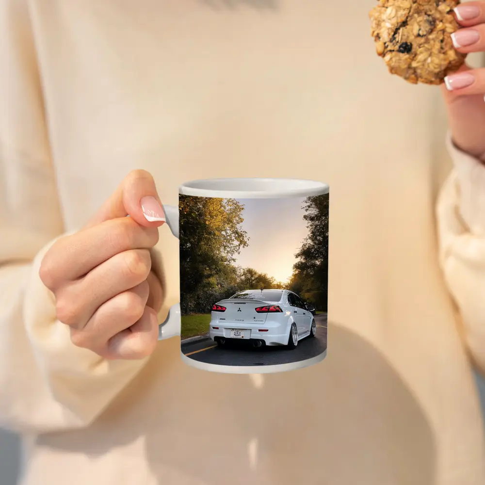 Mitsubishi Lancer White Slammed Street Sunset – Mugs