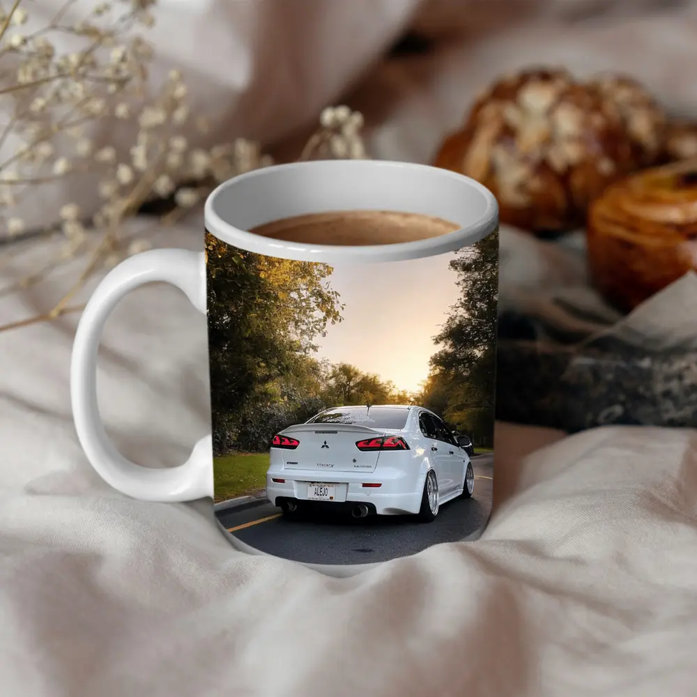 Mitsubishi Lancer White Slammed Street Sunset – Mugs