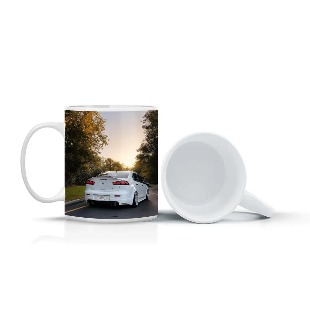 Mitsubishi Lancer White Slammed Street Sunset – Mugs
