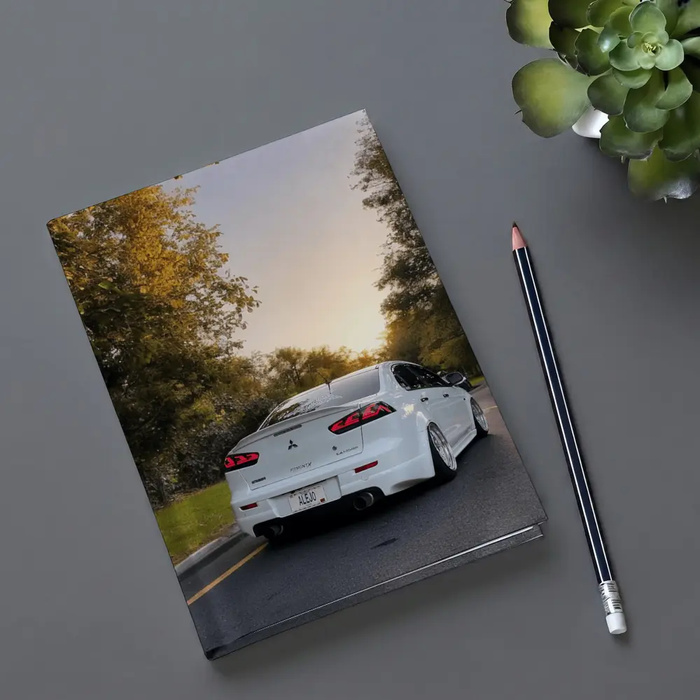 Mitsubishi Lancer White Slammed Street Sunset – Notebooks