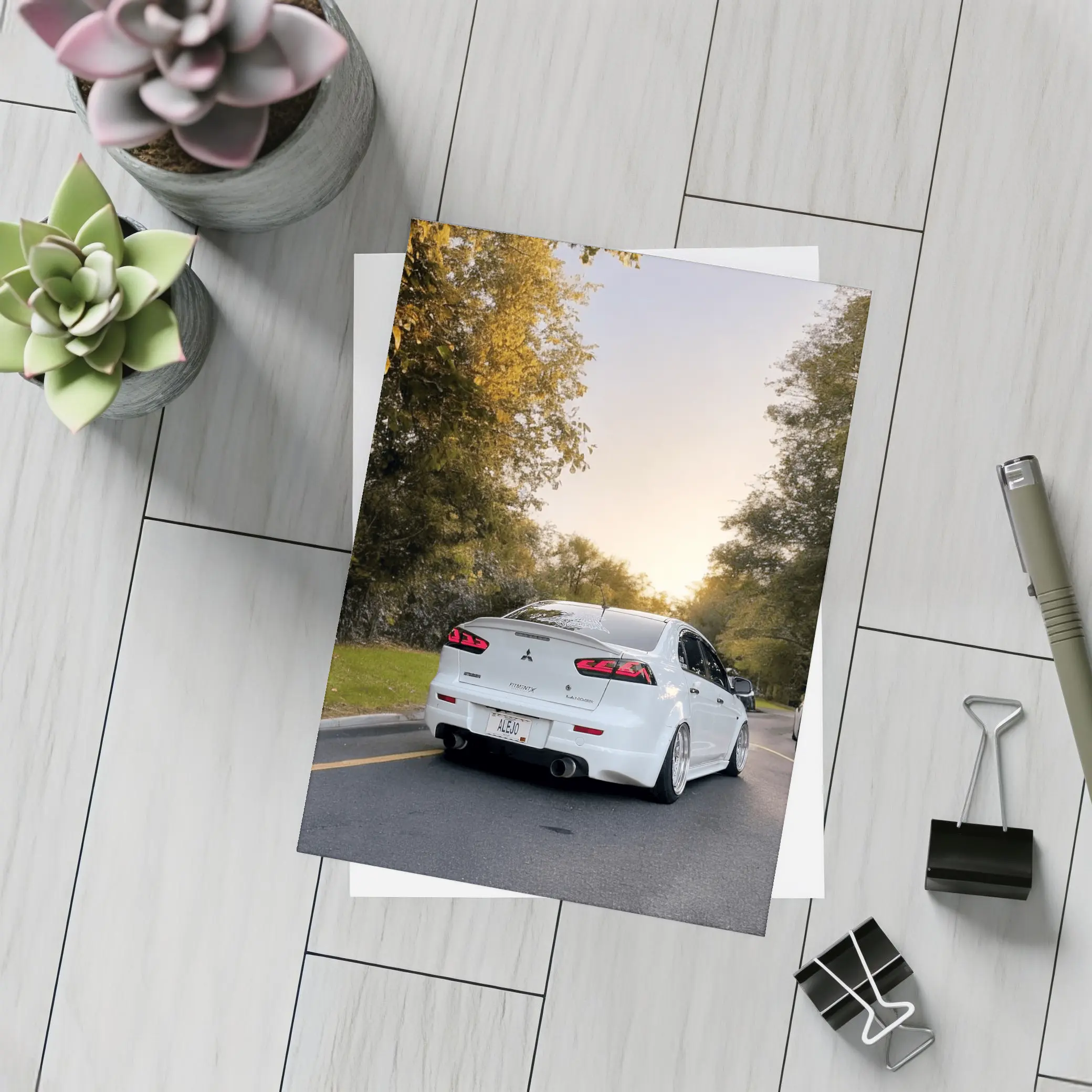 Mitsubishi Lancer White Slammed Street Sunset – Postcards