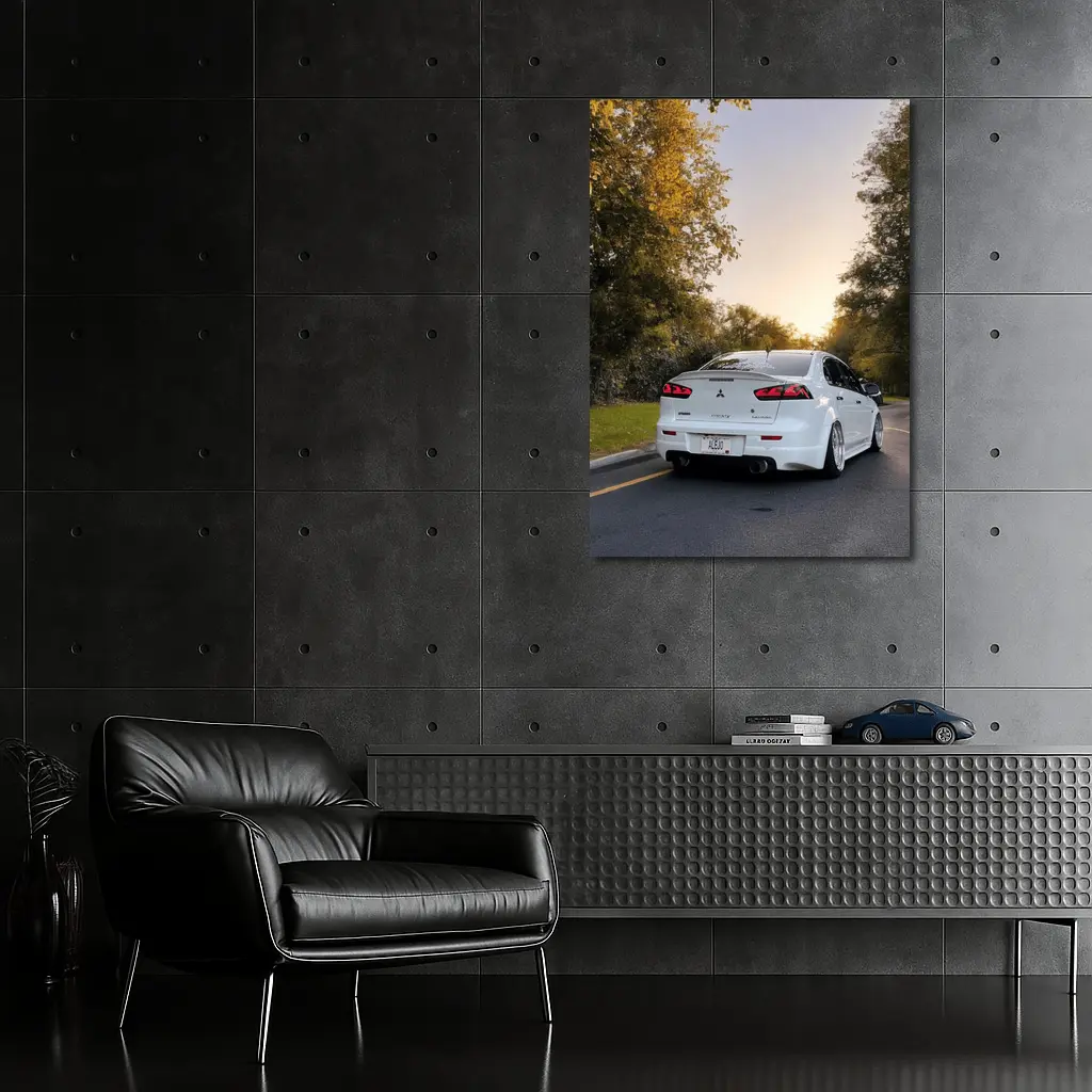 Mitsubishi Lancer White Slammed Street Sunset – Wall Art