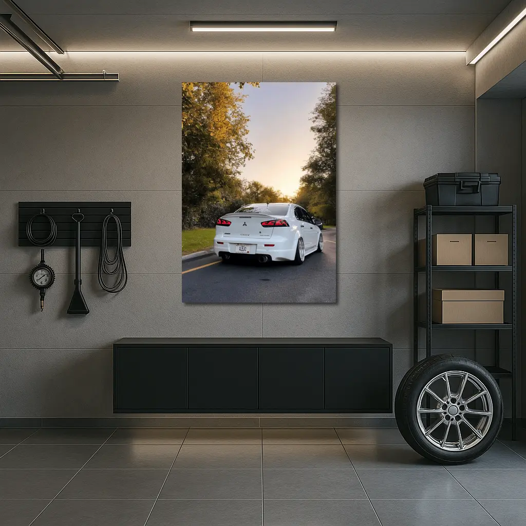 Mitsubishi Lancer White Slammed Street Sunset – Wall Art