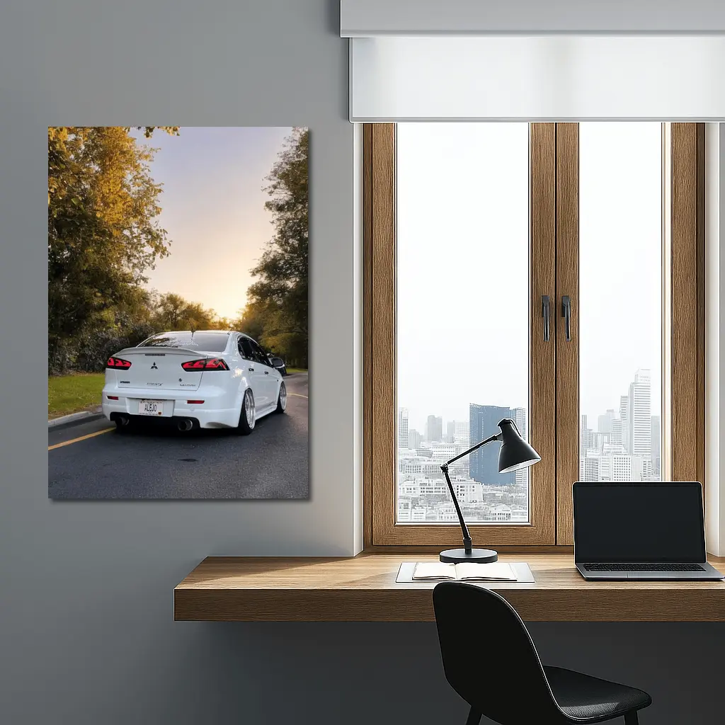 Mitsubishi Lancer White Slammed Street Sunset – Wall Art