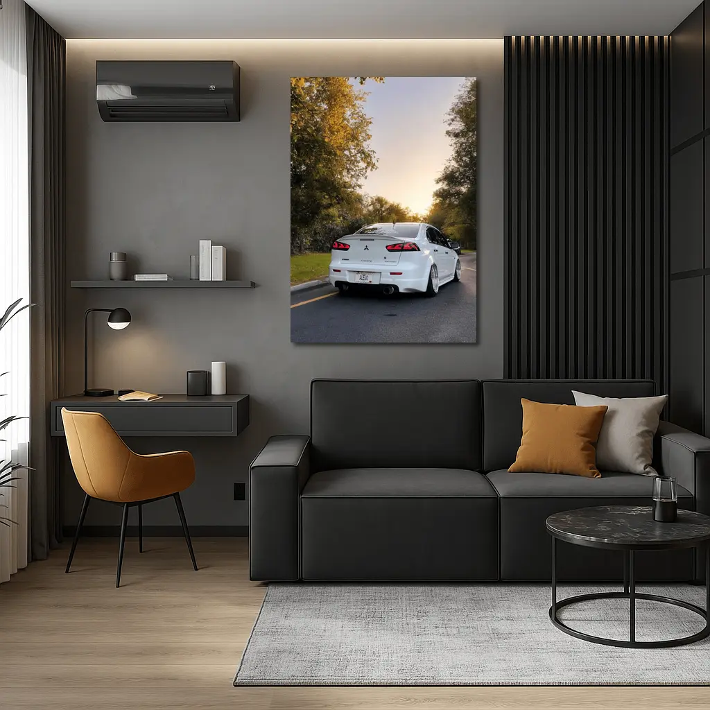 Mitsubishi Lancer White Slammed Street Sunset – Wall Art