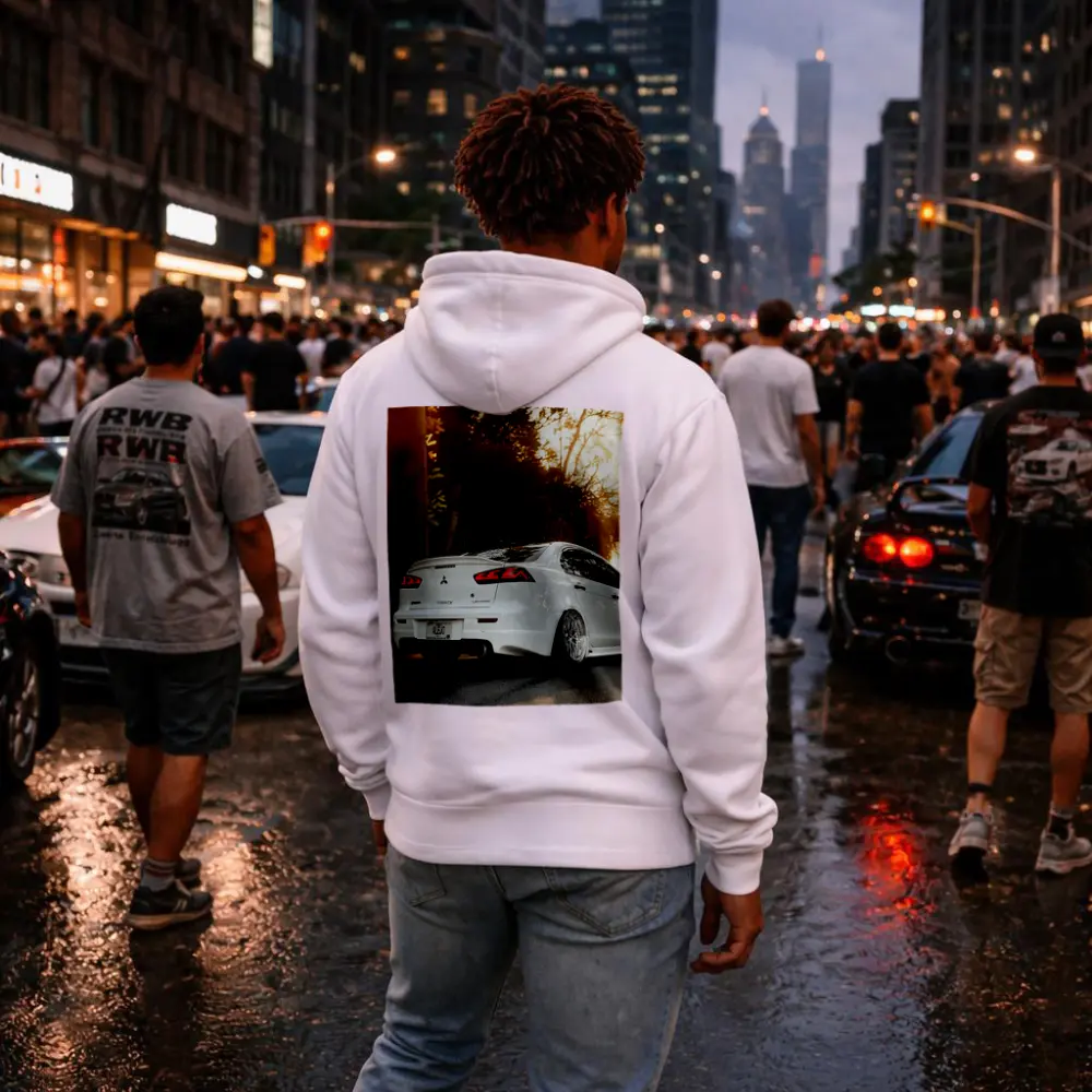 Mitsubishi Lancer White Car Sunset Street – Hoodies