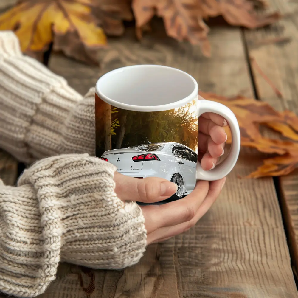 Mitsubishi Lancer White Car Sunset Street – Mugs