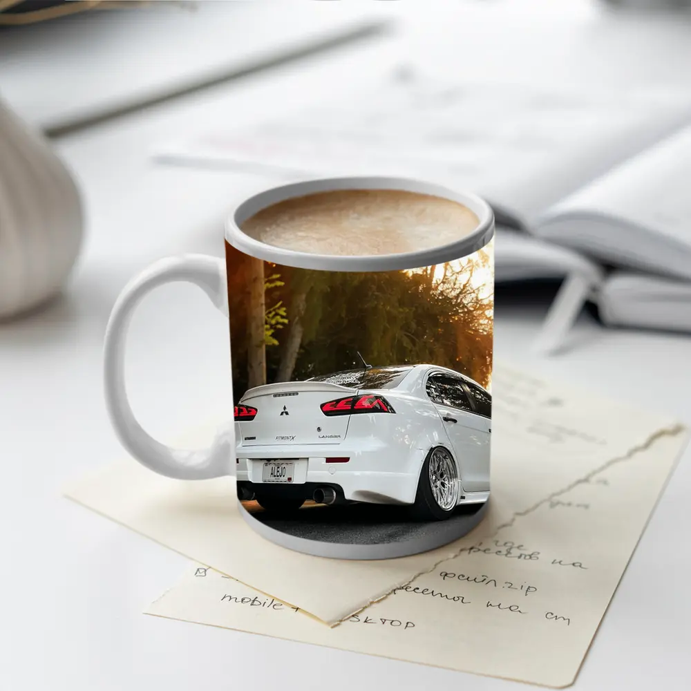 Mitsubishi Lancer White Car Sunset Street – Mugs