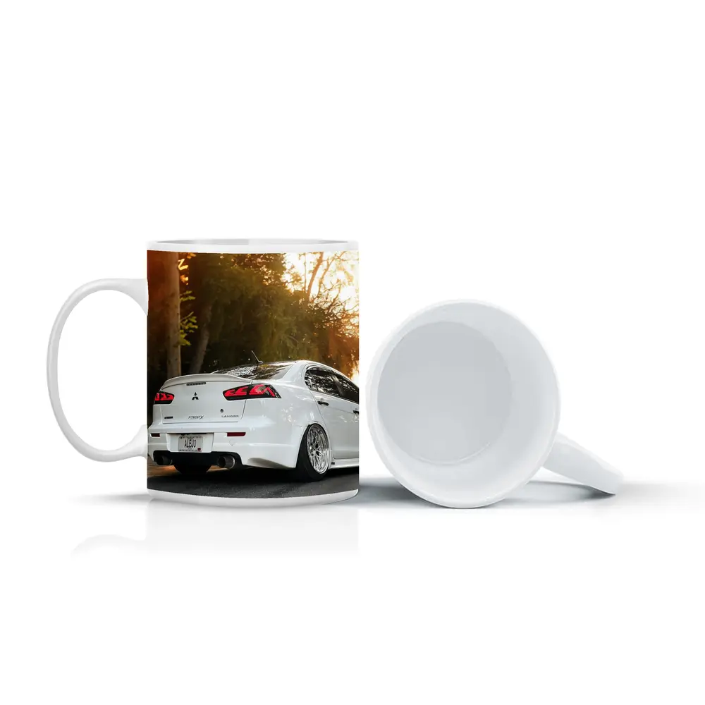Mitsubishi Lancer White Car Sunset Street – Mugs
