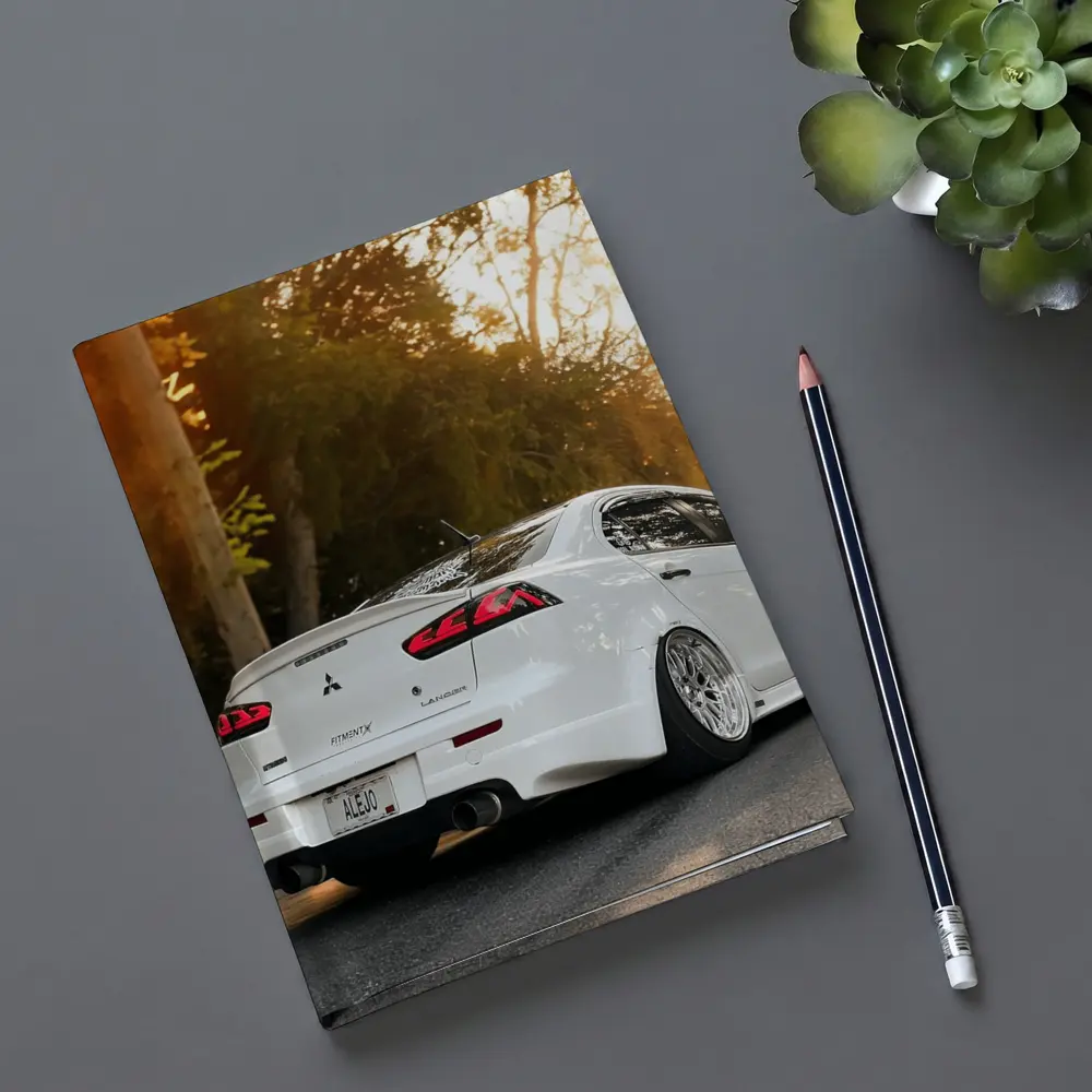 Mitsubishi Lancer White Car Sunset Street – Notebooks