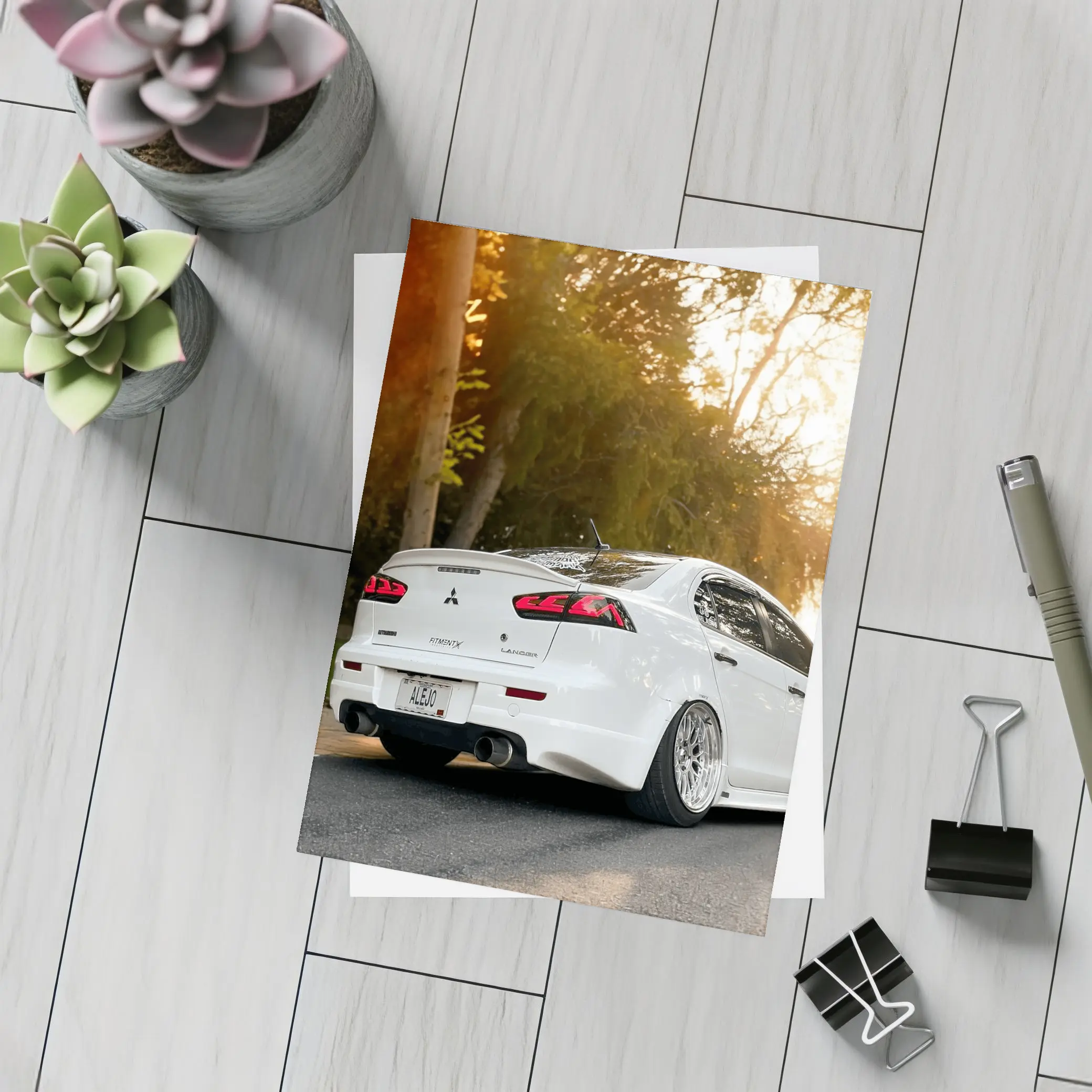 Mitsubishi Lancer White Car Sunset Street – Postcards