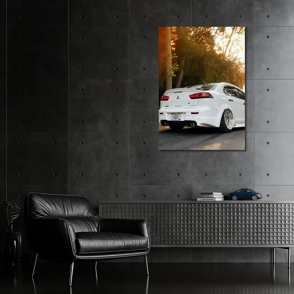 Mitsubishi Lancer White Car Sunset Street – Wall Art