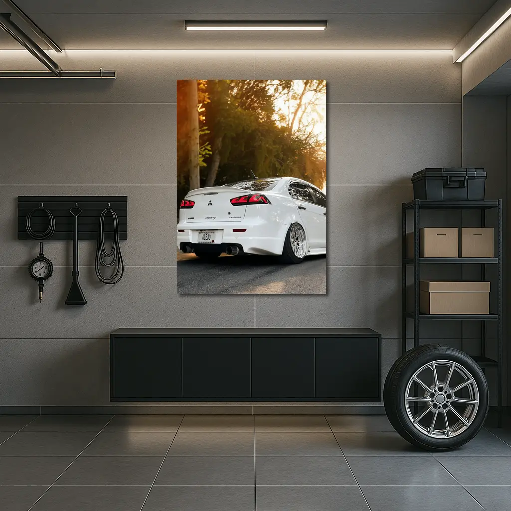 Mitsubishi Lancer White Car Sunset Street – Wall Art