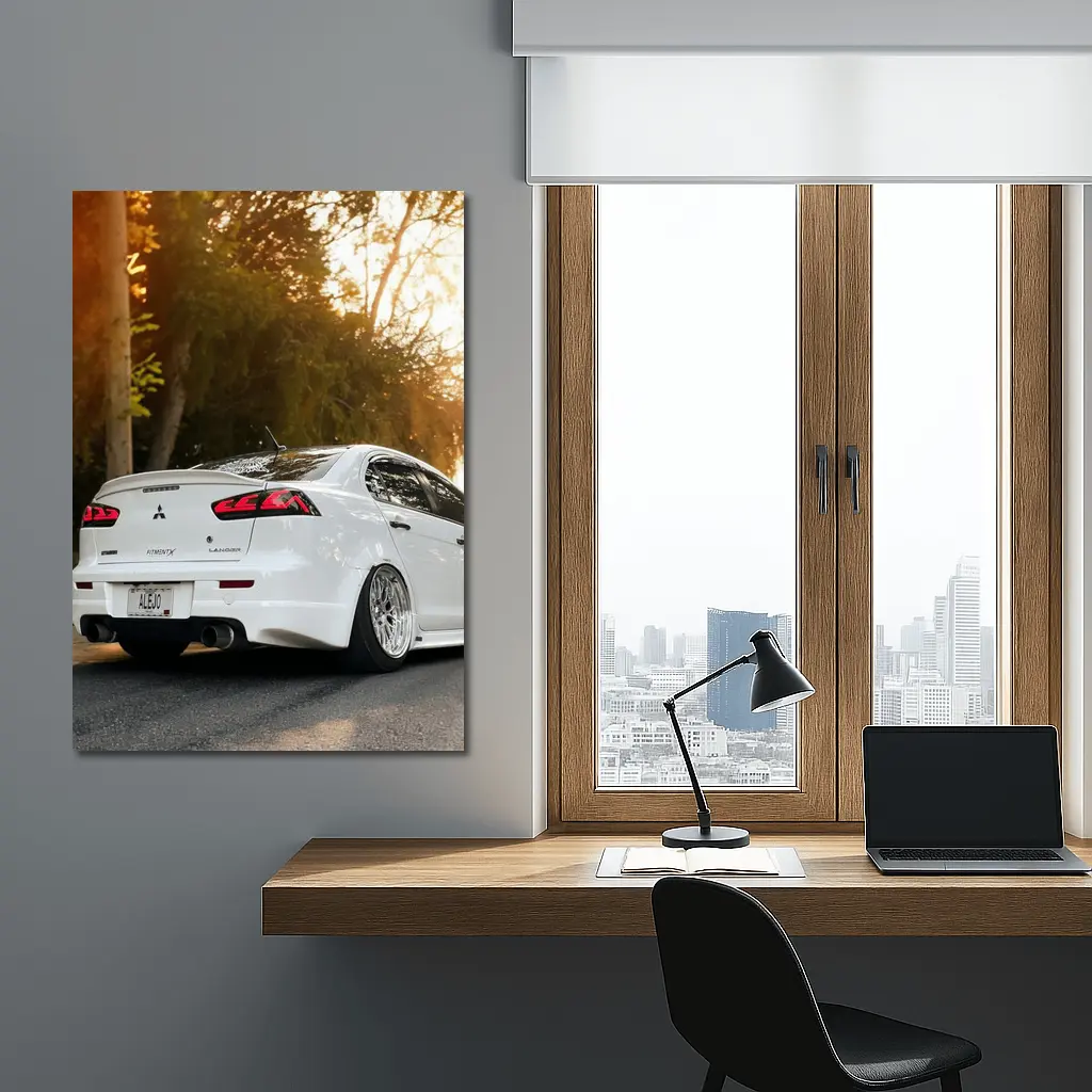 Mitsubishi Lancer White Car Sunset Street – Wall Art