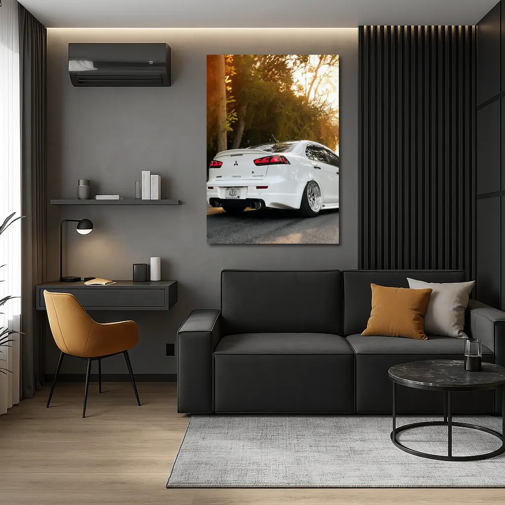 Mitsubishi Lancer White Car Sunset Street – Wall Art