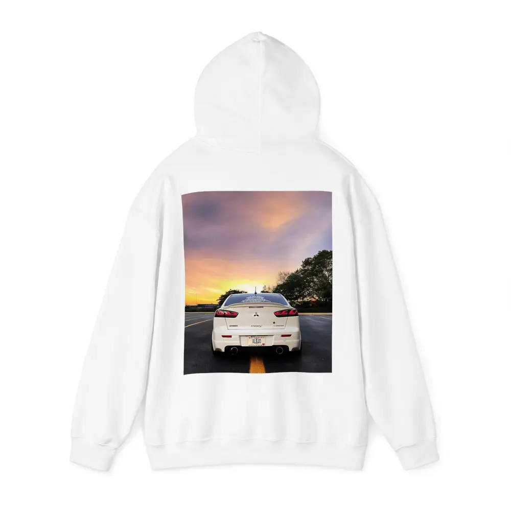 Mitsubishi Lancer White Rear Sunset Parking – Hoodies