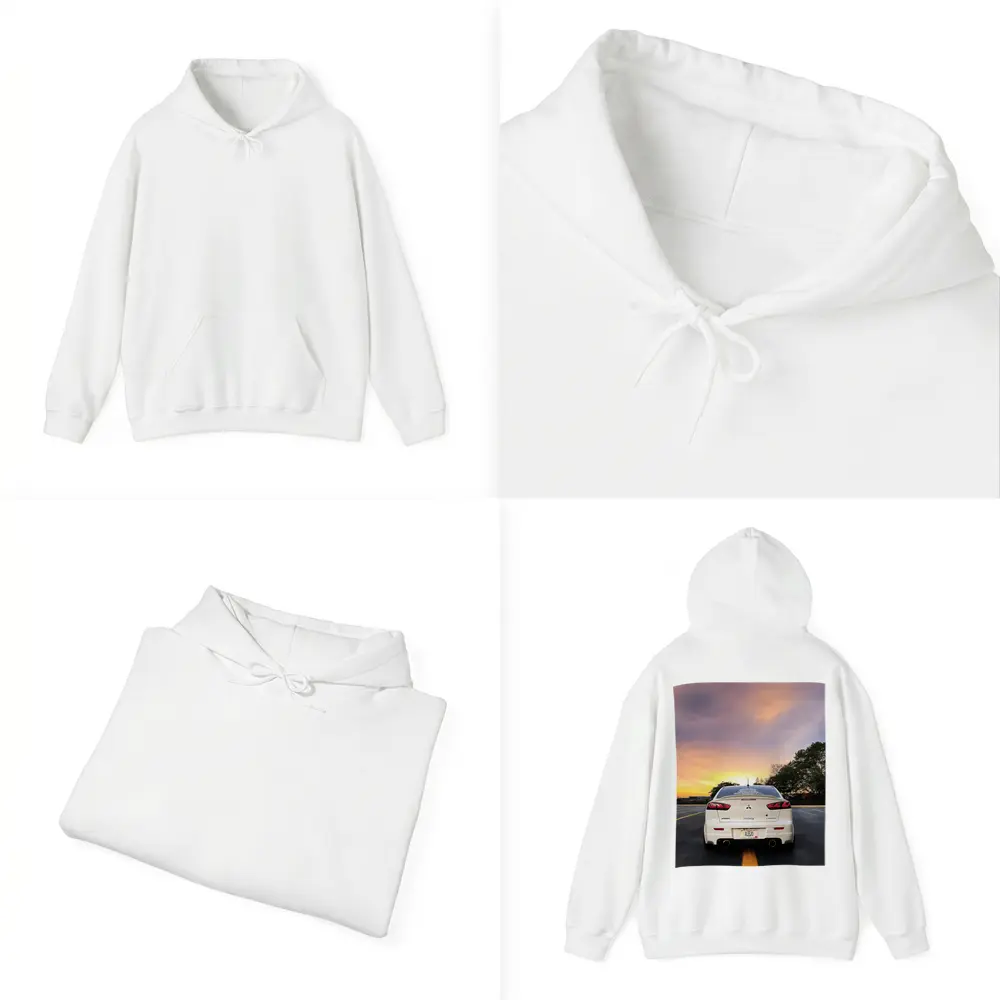 Mitsubishi Lancer White Rear Sunset Parking – Hoodies