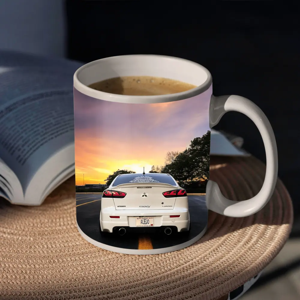 Mitsubishi Lancer White Rear Sunset Parking – Mugs