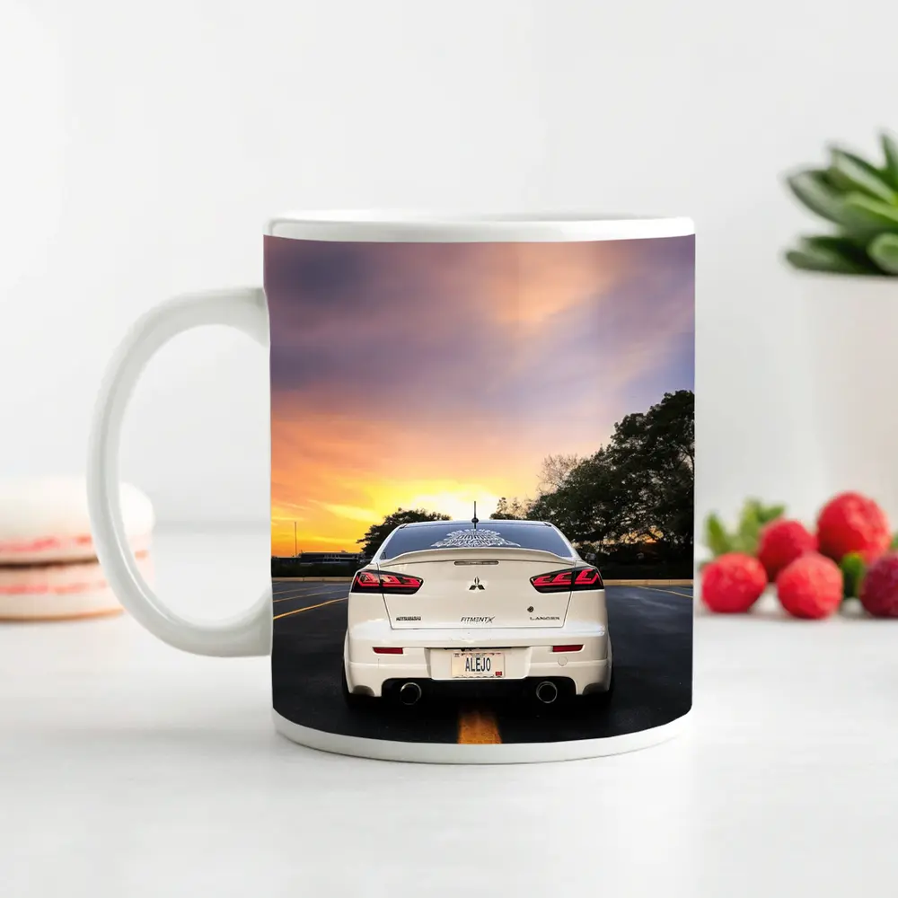 Mitsubishi Lancer White Rear Sunset Parking – Mugs