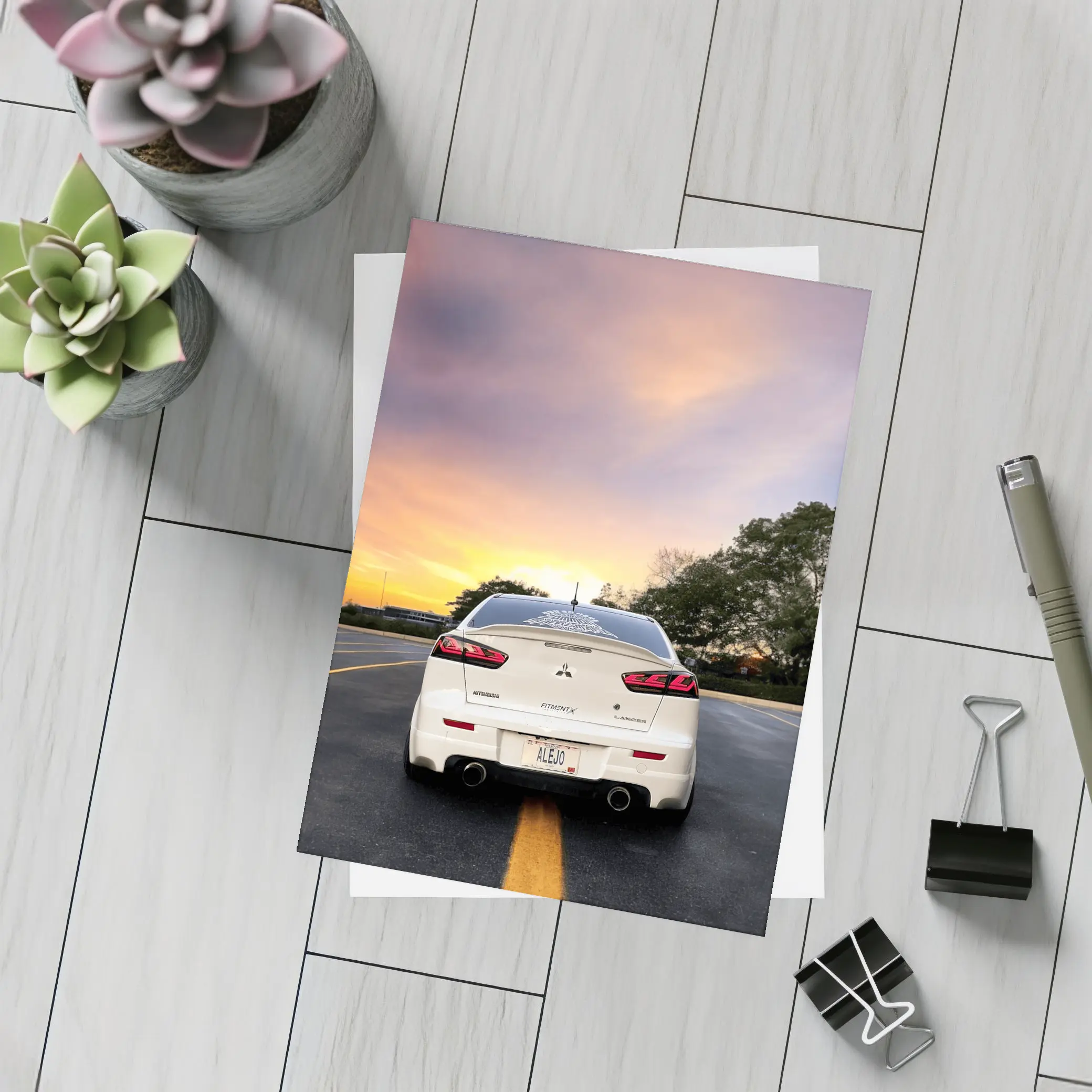 Mitsubishi Lancer White Rear Sunset Parking – Postcards