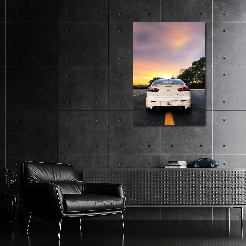 Mitsubishi Lancer White Rear Sunset Parking – Wall Art