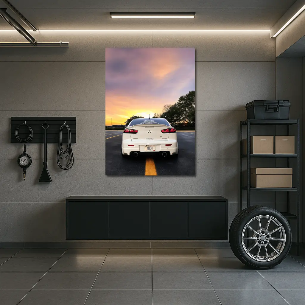 Mitsubishi Lancer White Rear Sunset Parking – Wall Art