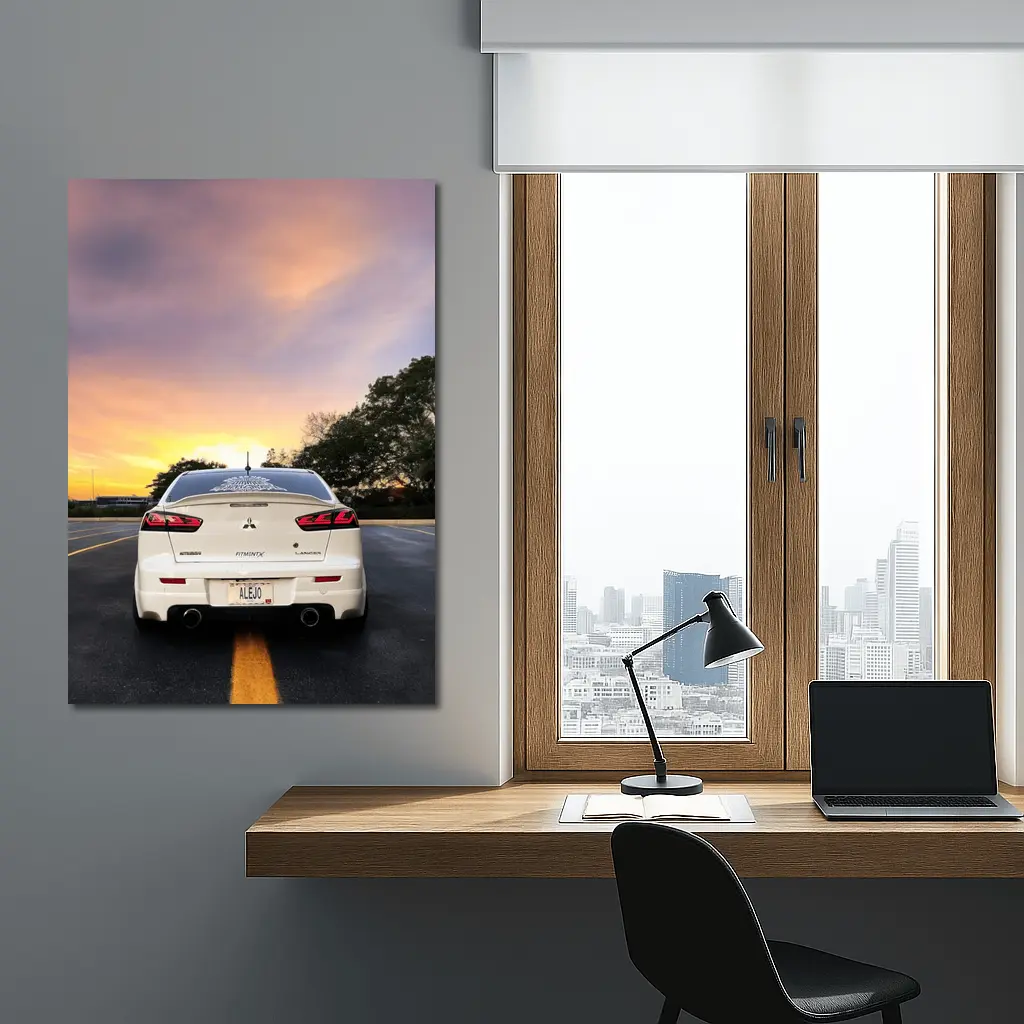 Mitsubishi Lancer White Rear Sunset Parking – Wall Art
