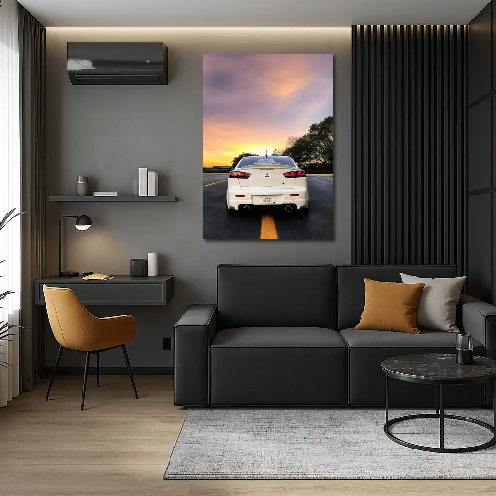 Mitsubishi Lancer White Rear Sunset Parking – Wall Art