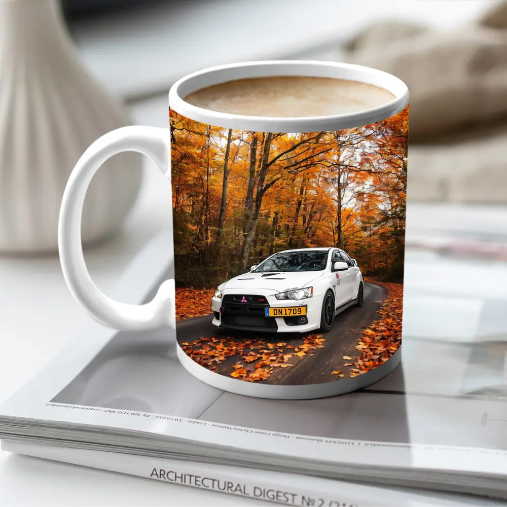 Mitsubishi Lancer White Car Autumn Forest Road – Mugs