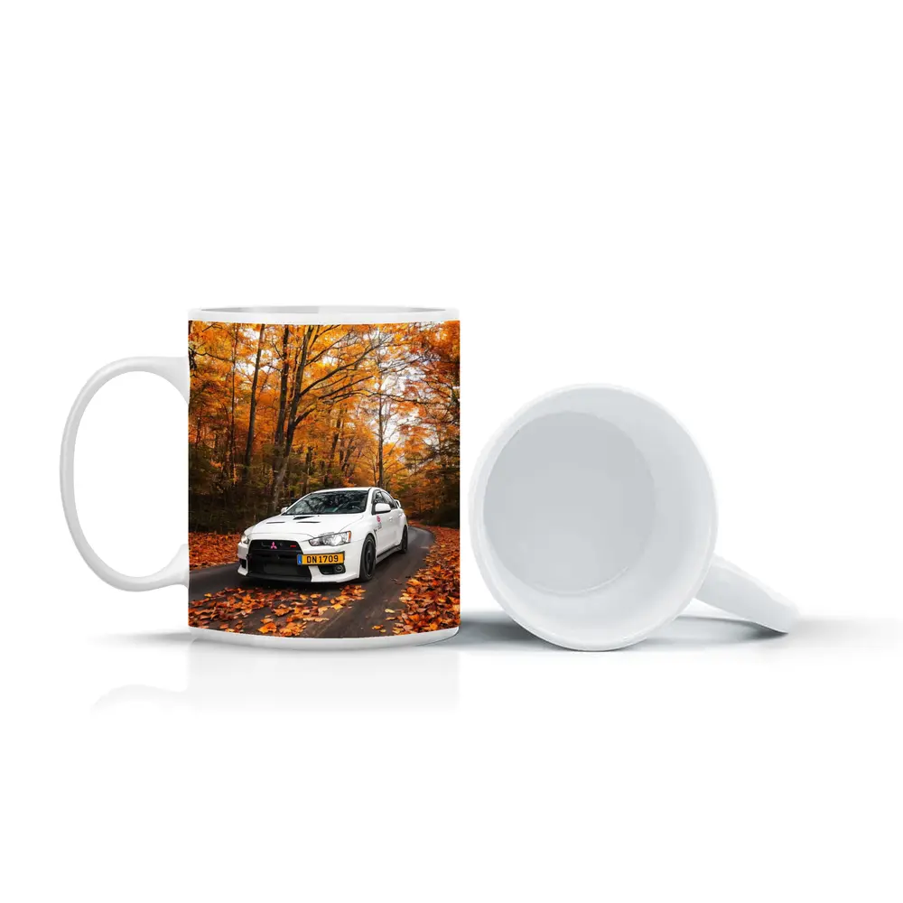 Mitsubishi Lancer White Car Autumn Forest Road – Mugs