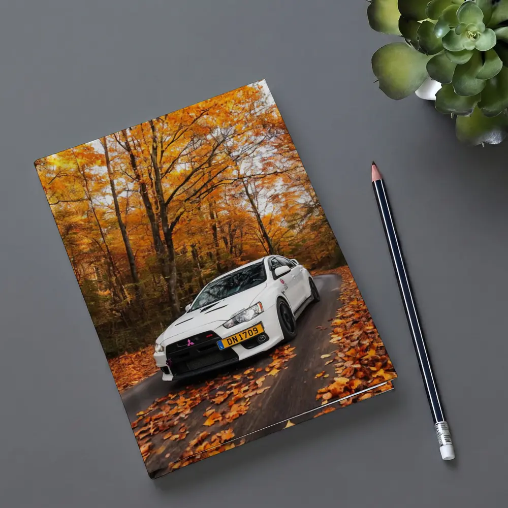 Mitsubishi Lancer White Car Autumn Forest Road – Notebooks