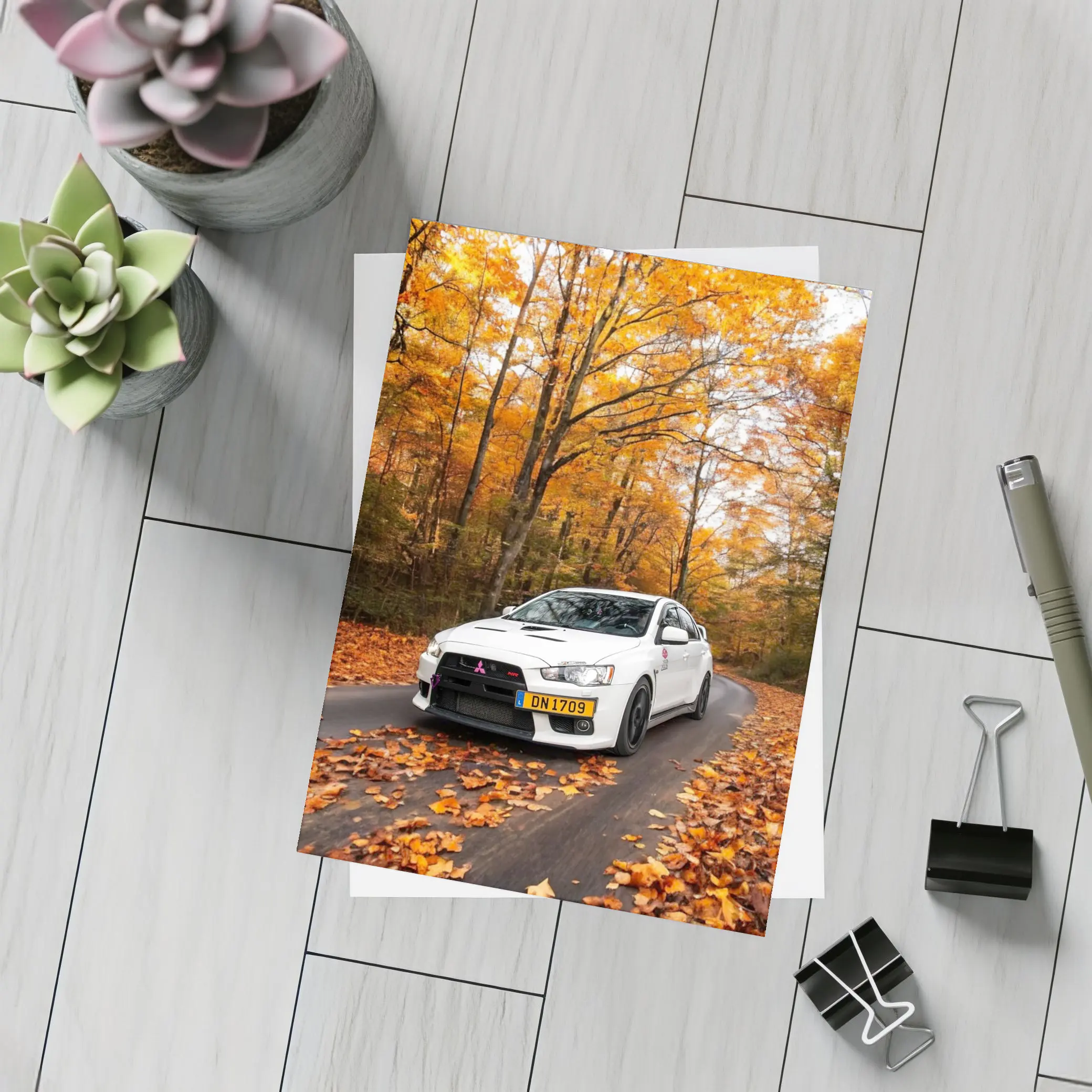 Mitsubishi Lancer White Car Autumn Forest Road – Postcards