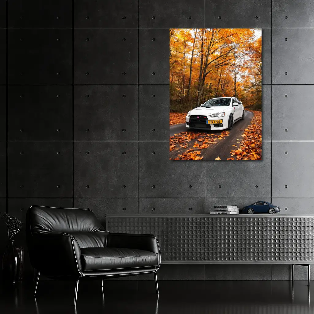 Mitsubishi Lancer White Car Autumn Forest Road – Wall Art