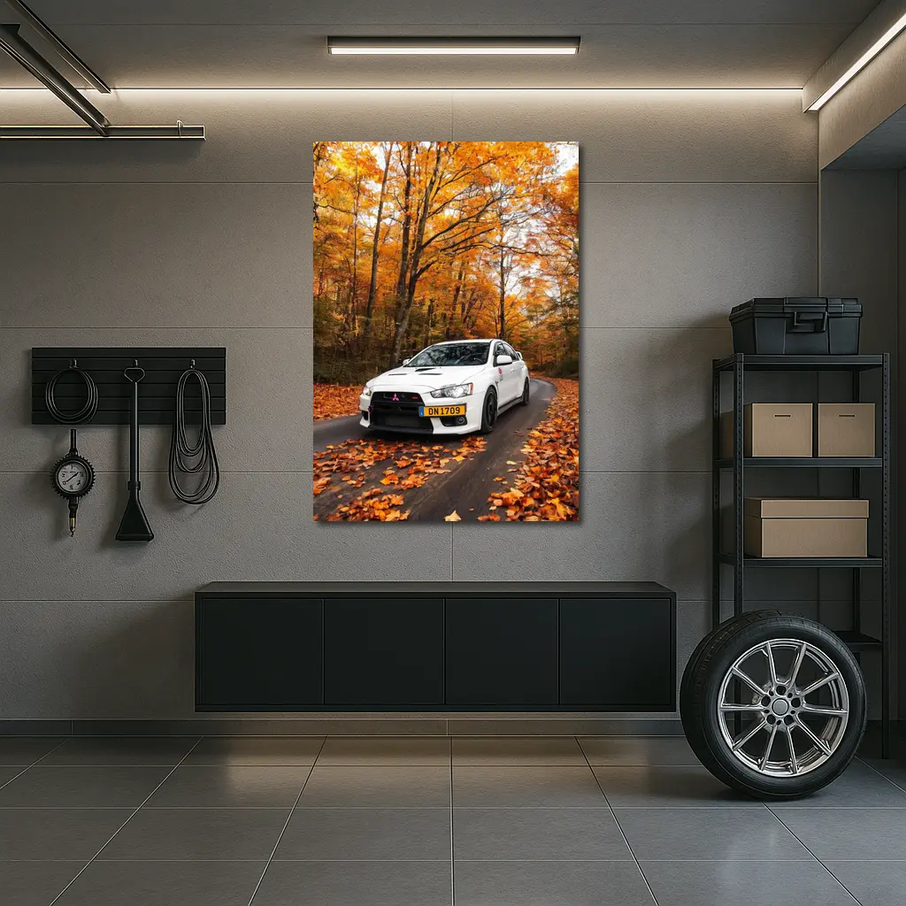 Mitsubishi Lancer White Car Autumn Forest Road – Wall Art