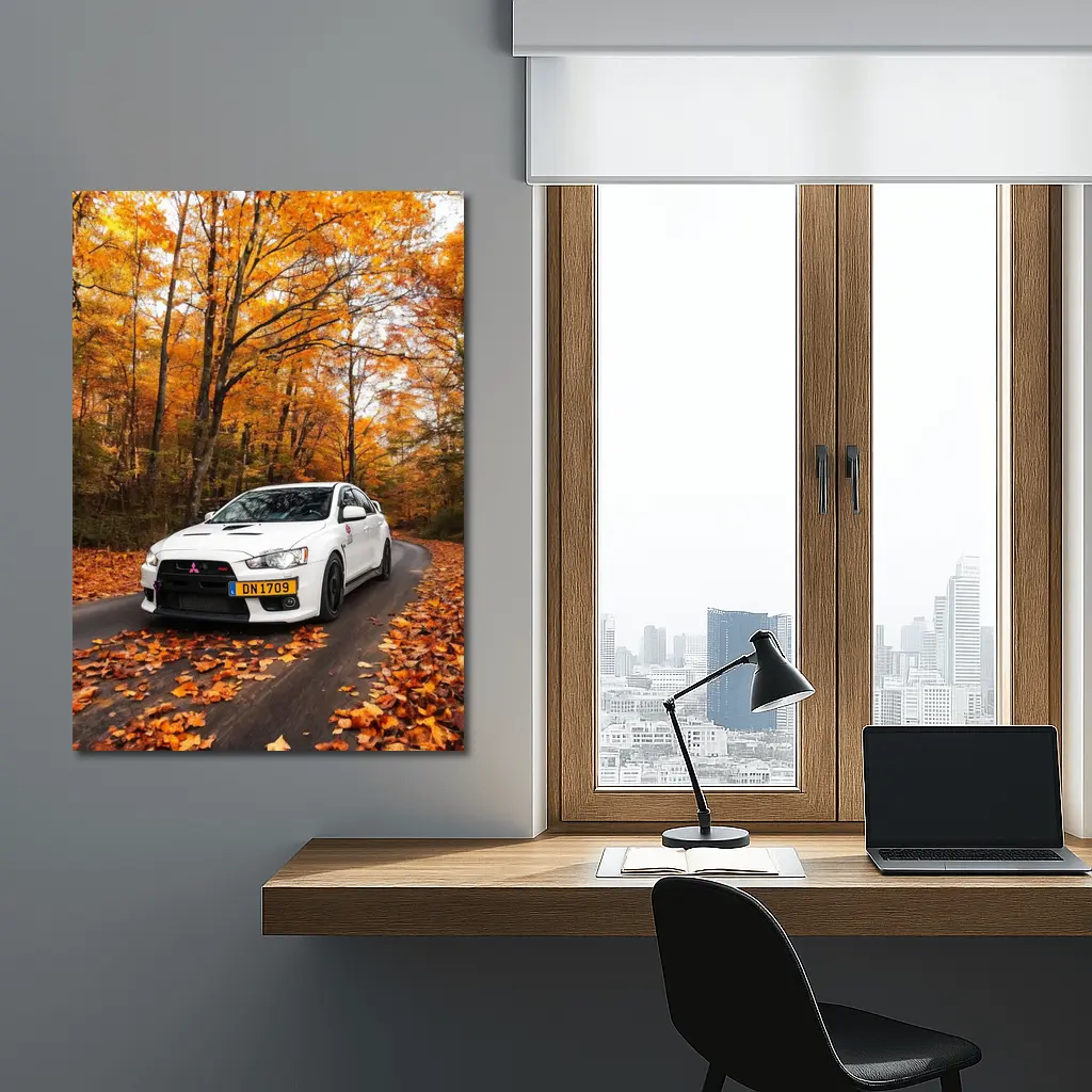 Mitsubishi Lancer White Car Autumn Forest Road – Wall Art