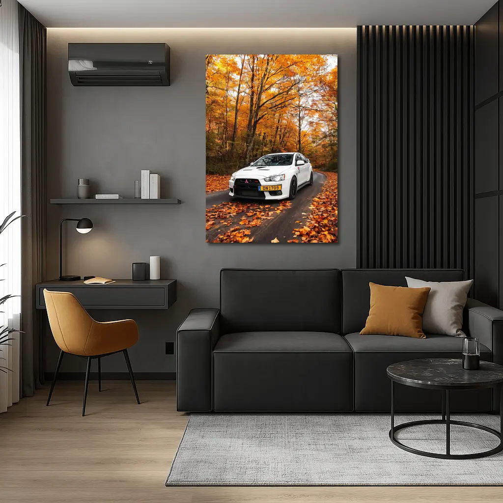 Mitsubishi Lancer White Car Autumn Forest Road – Wall Art