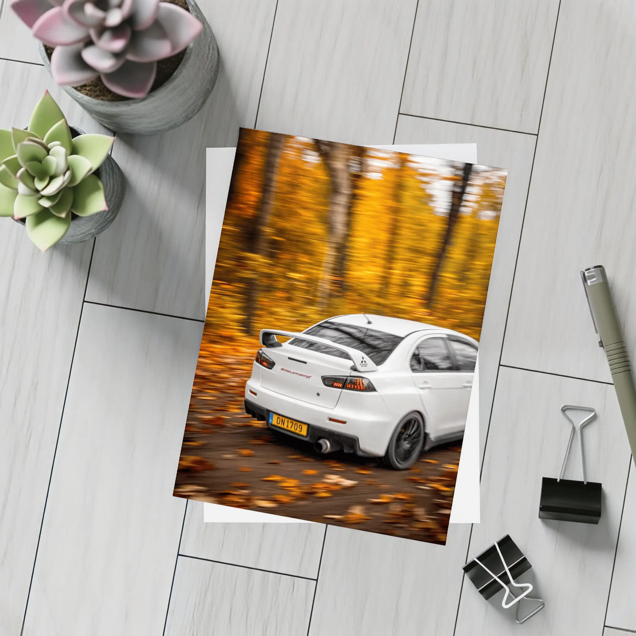 Mitsubishi Lancer Evolution White Autumn Forest – Postcards