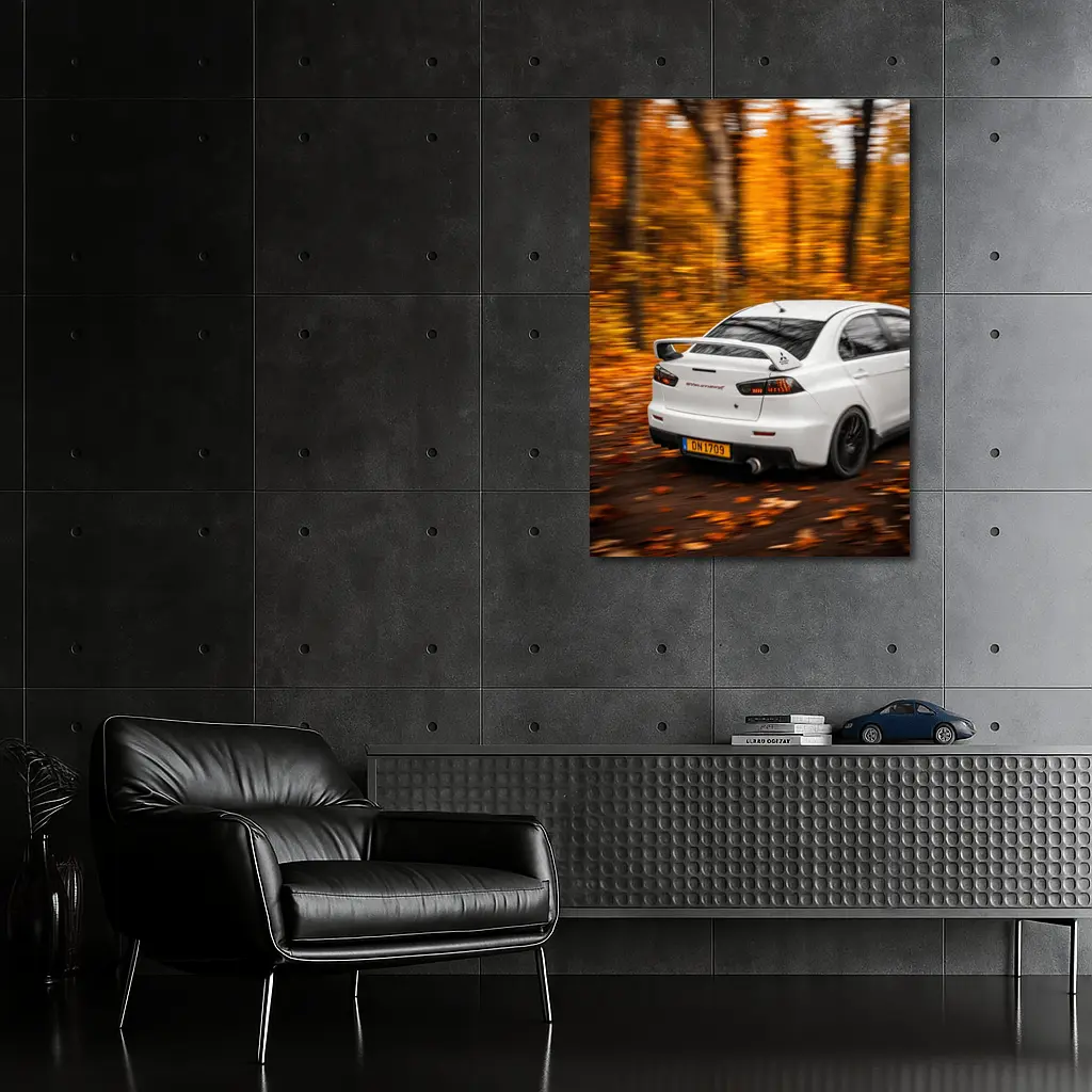 Mitsubishi Lancer Evolution White Autumn Forest – Wall Art