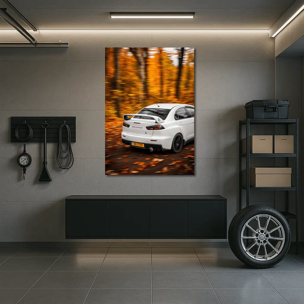 Mitsubishi Lancer Evolution White Autumn Forest – Wall Art