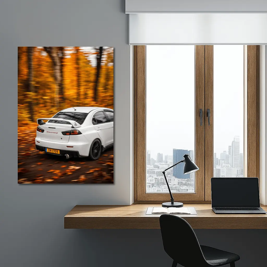 Mitsubishi Lancer Evolution White Autumn Forest – Wall Art